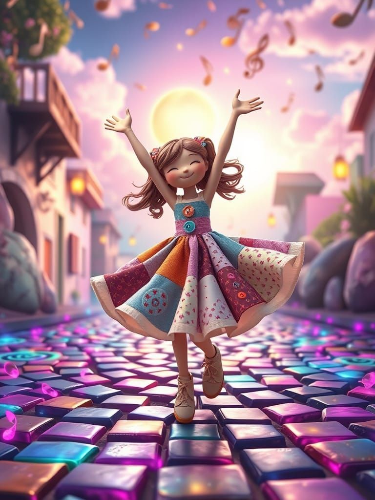 Patchwork Doll Twirling on Bioluminescent Street