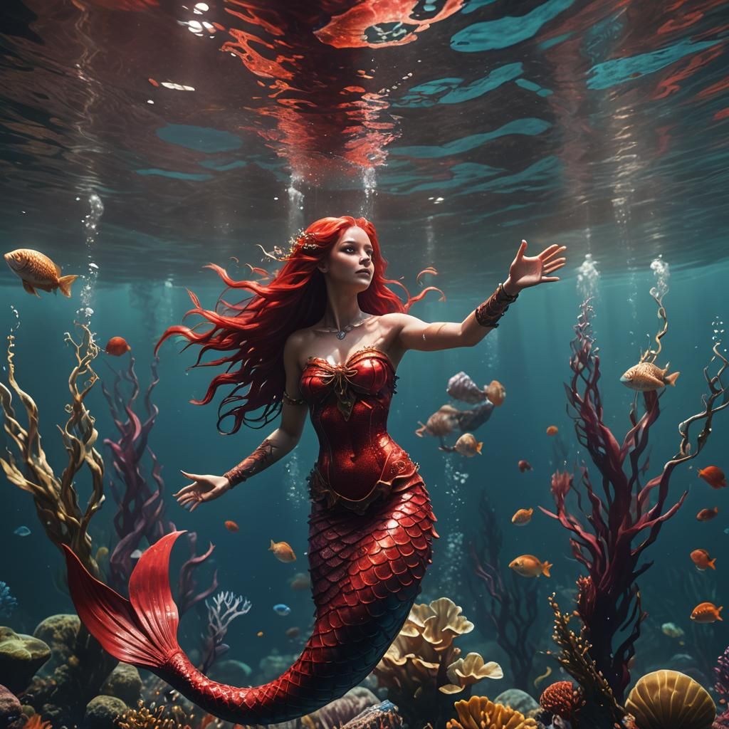 Realistic Red-Haired Mermaid Underwater in Detailed Matte Pa...