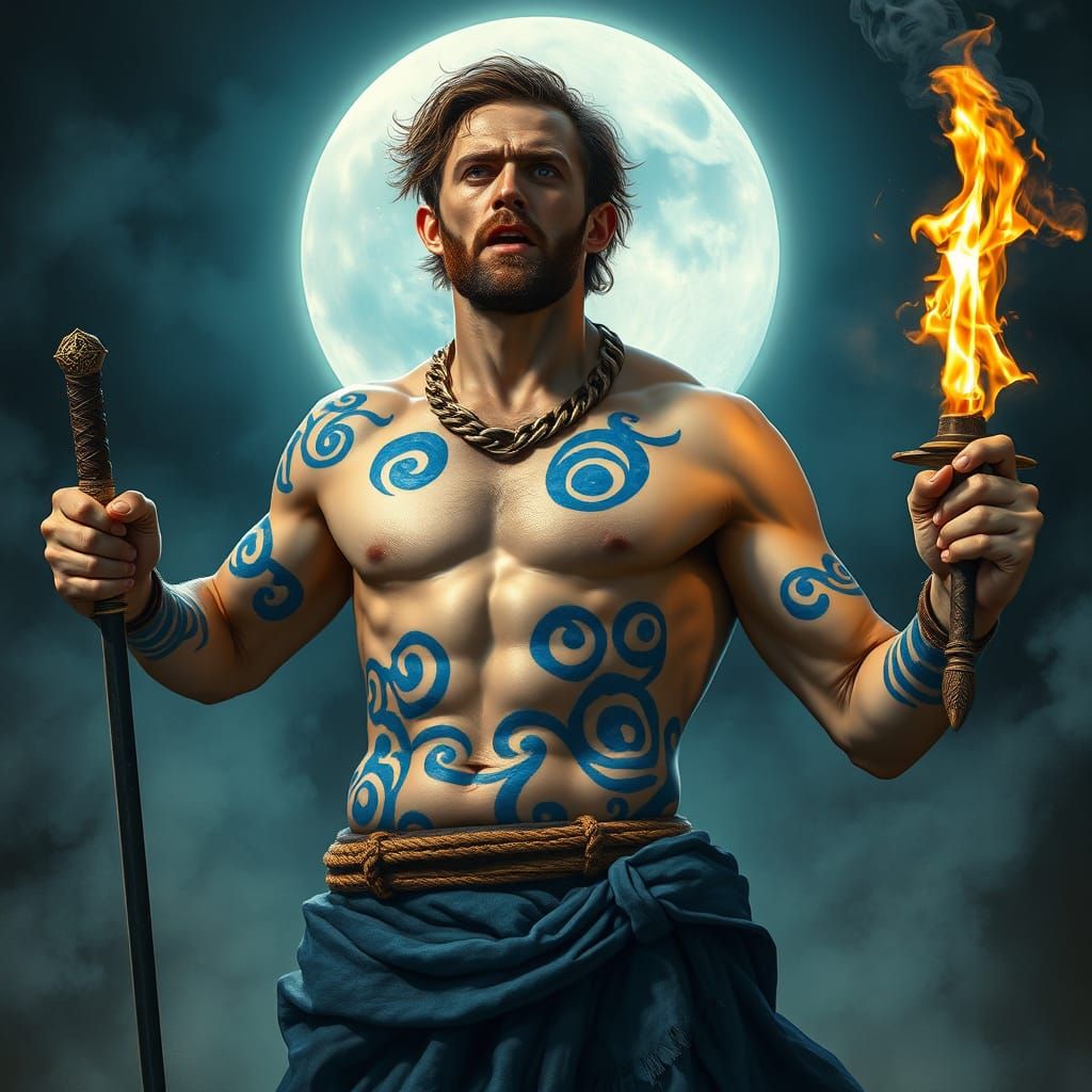 Celtic War Priest in Trance-Like Ritual Under Moonlight