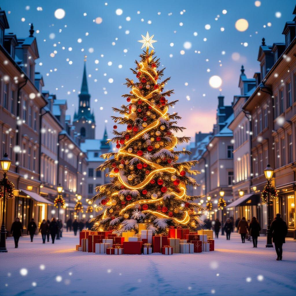 Magical Christmas City Square with Giant Tree and Snowfall