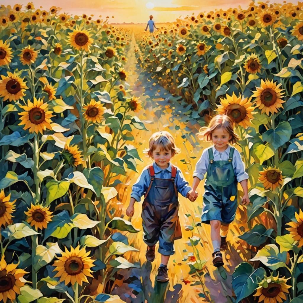 Children Strolling Through Sunflower Field Painting