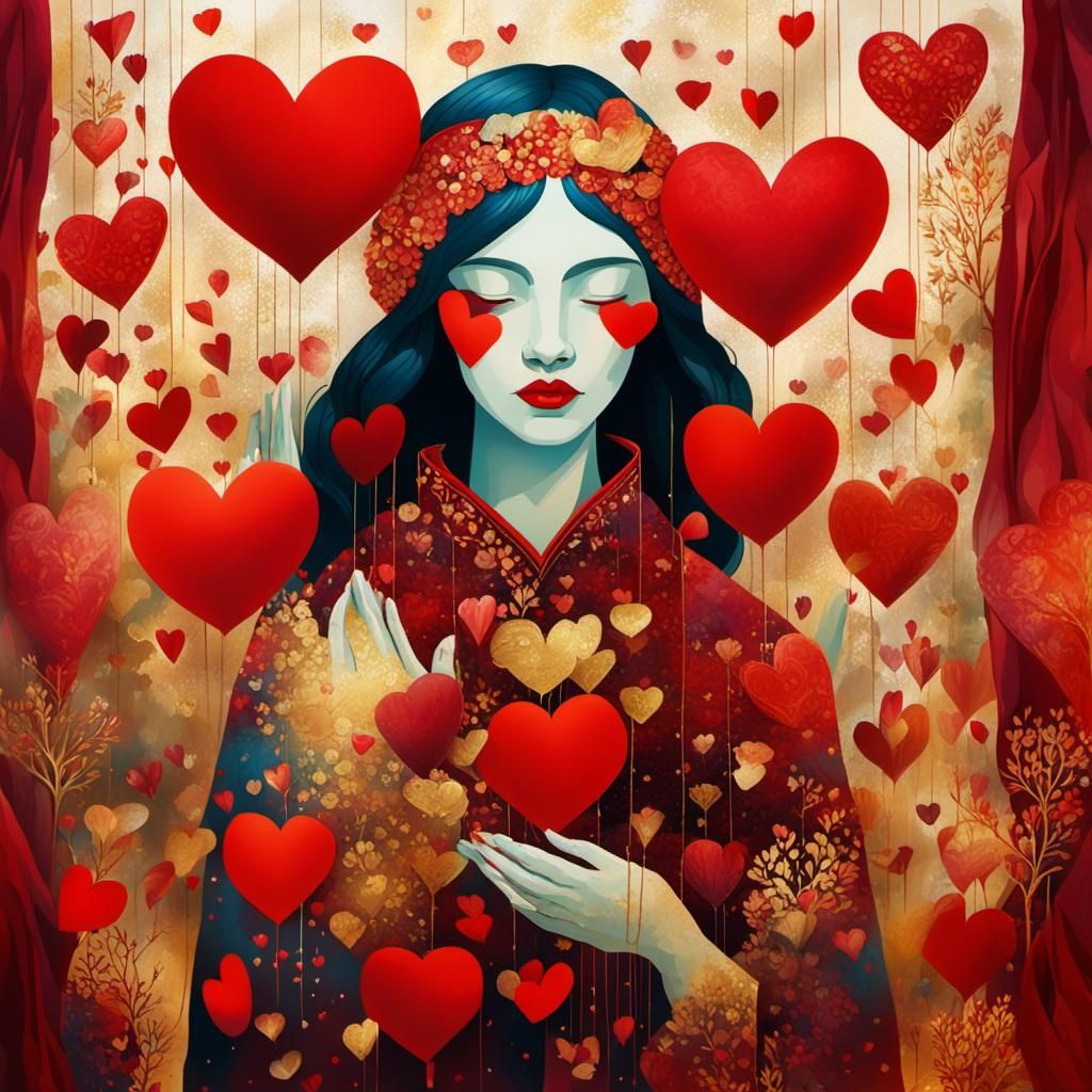 Surreal Double Exposure of Woman with Red Hearts