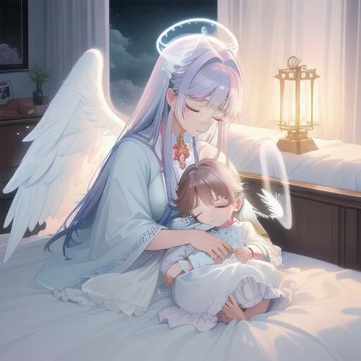 Angelic Mother Watches Over Child in Evening Mist