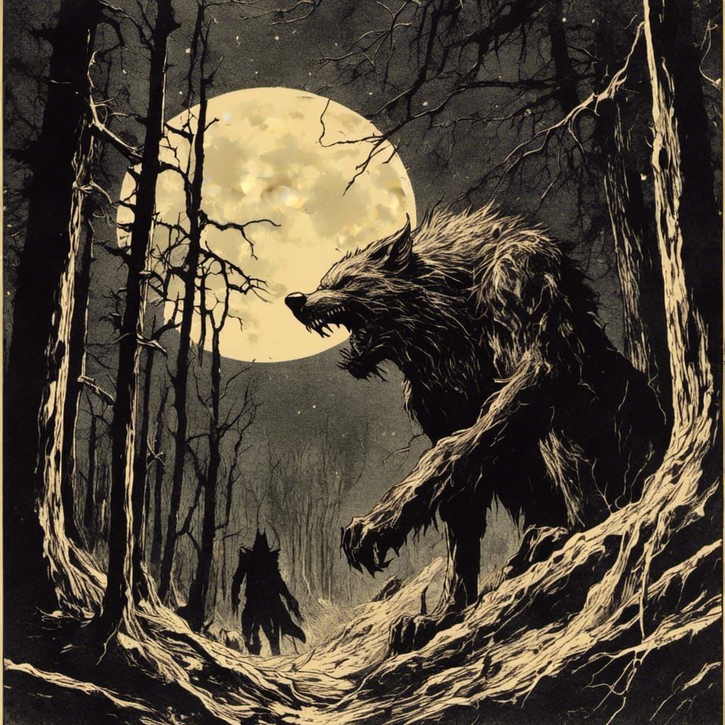 Werewolf in Haunted Forest, Macabre Comic Art