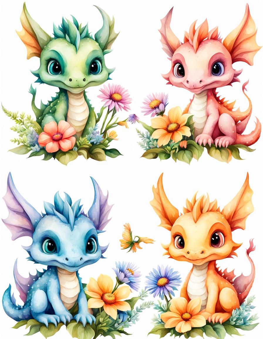 Four Baby Dragons Holding Wildflower Bouquets in Watercolor