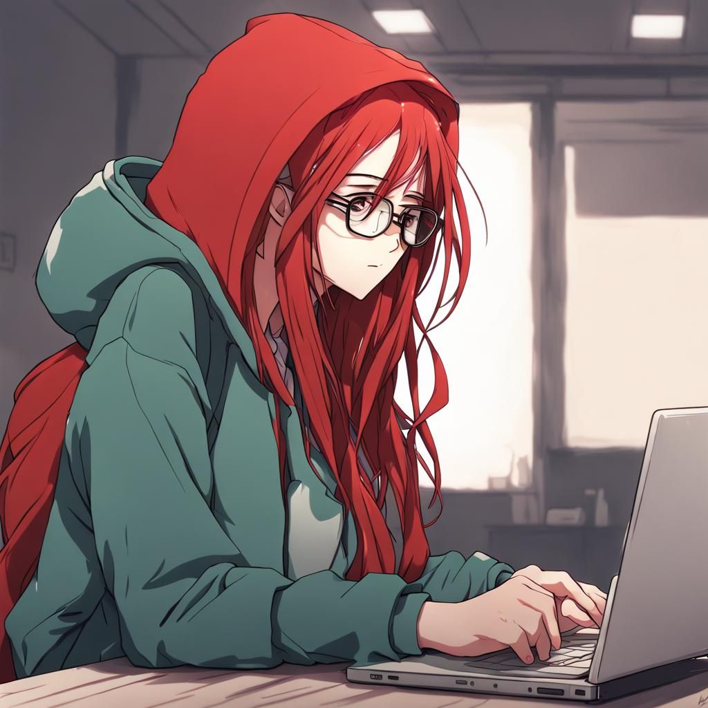 Anime Girl with Red Hair and Laptop