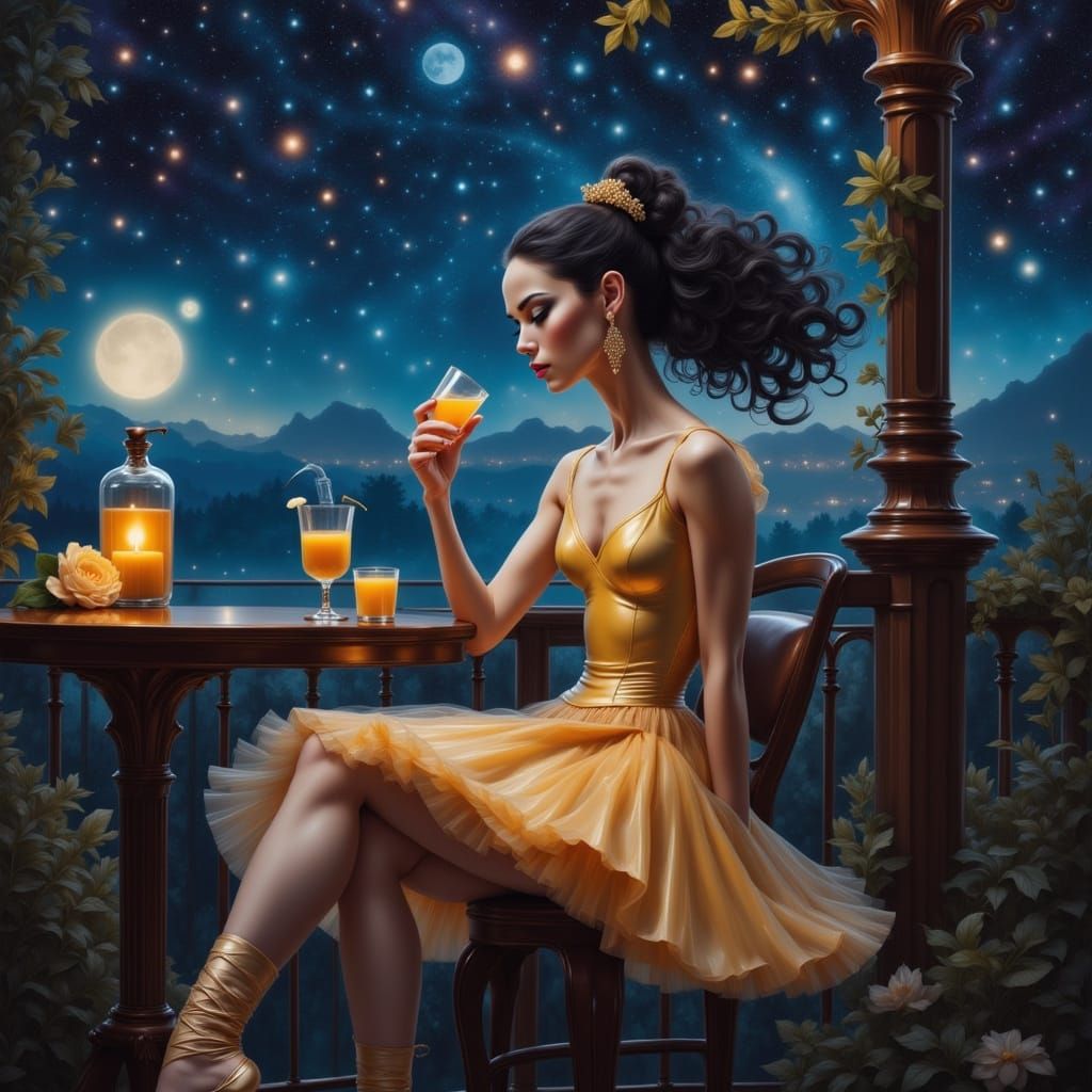 Ballerina at Terrace Bar Under Starry Night