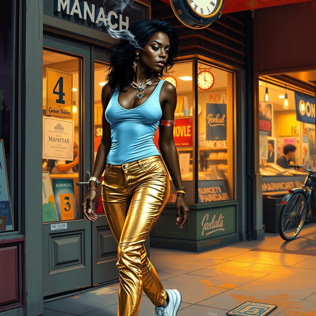 Sultry Woman Walking Past Storefront in Hyperrealism