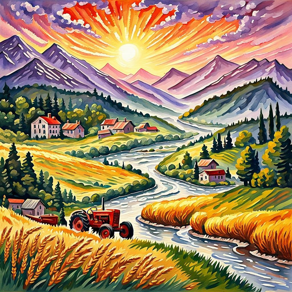 Impressionist Sunrise Over Wheat Field with Tractor