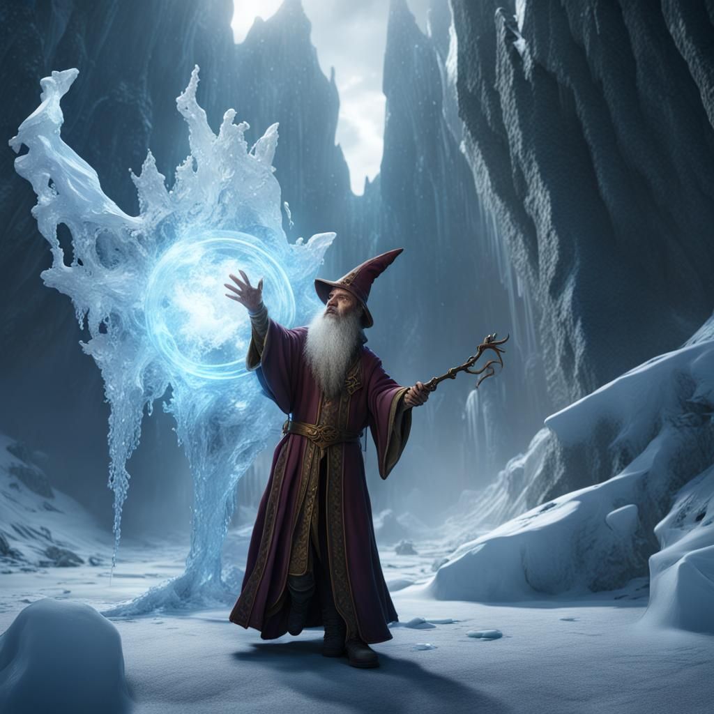Wizard Casting Ice Spell in Detailed Matte Painting