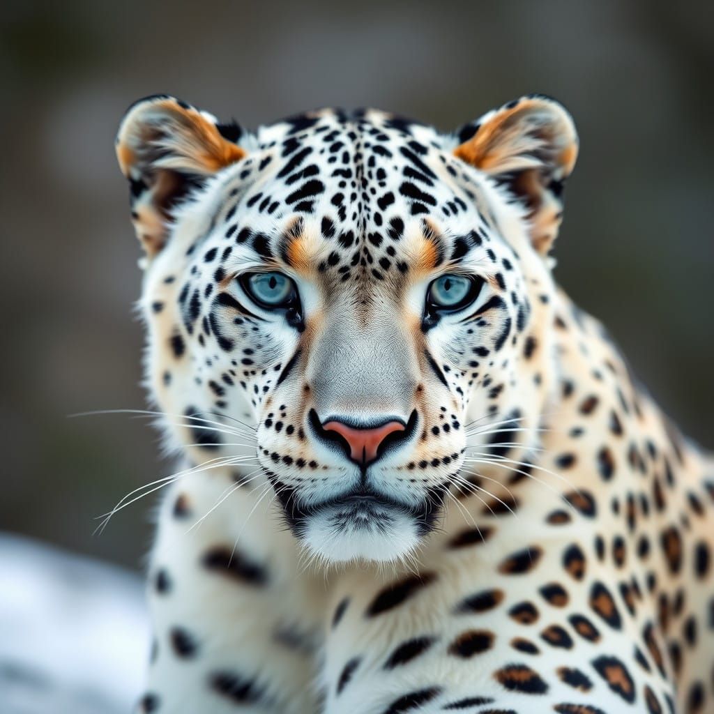 Snow Leopard in Dazzling White Fur with Bright Blue Eyes