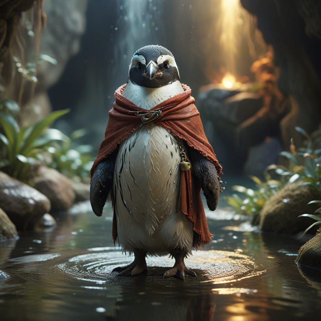 Whimsical Wizard Penguin Stands Tall in Enchanted Cavern