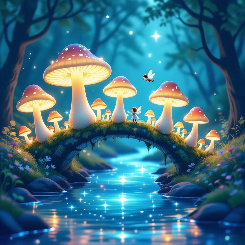 Bioluminescent Mushroom Bridge Over Starlight River