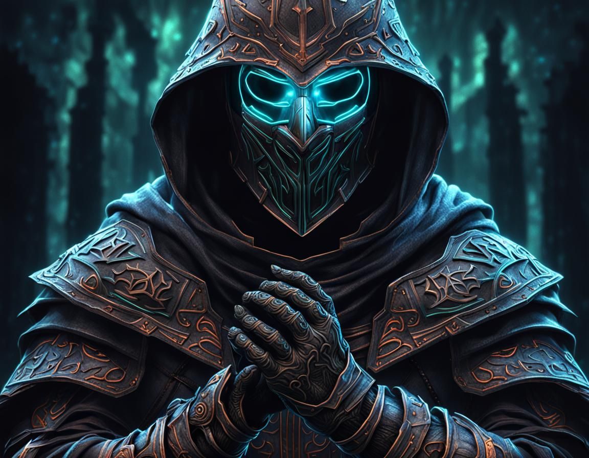 Dark Fantasy Knight with Glowing Runic Mask
