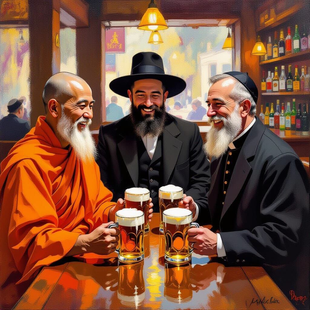 Monk, Rabbi, and Minister in Bar: Rockwell-esque Scene