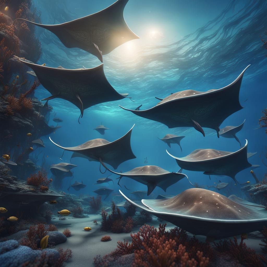 Stingrays in Deep Blue Sea: Detailed Matte Painting