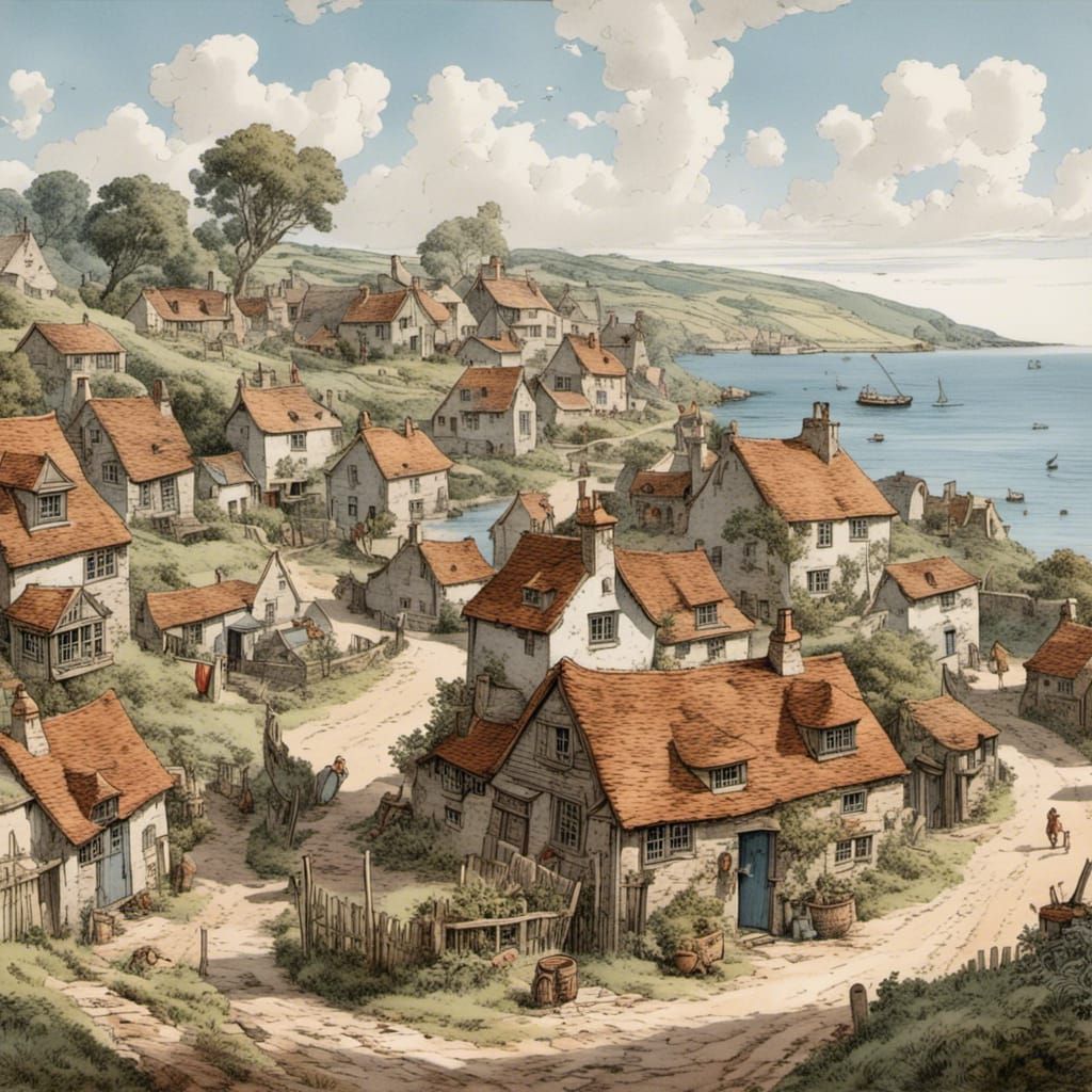 Vintage English Seaside Village Scene