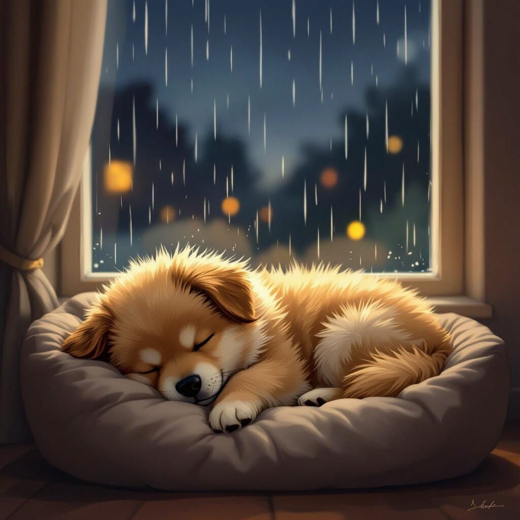 Fluffy Dog Sleeps by Window in Midnight Rain, Children's Boo...
