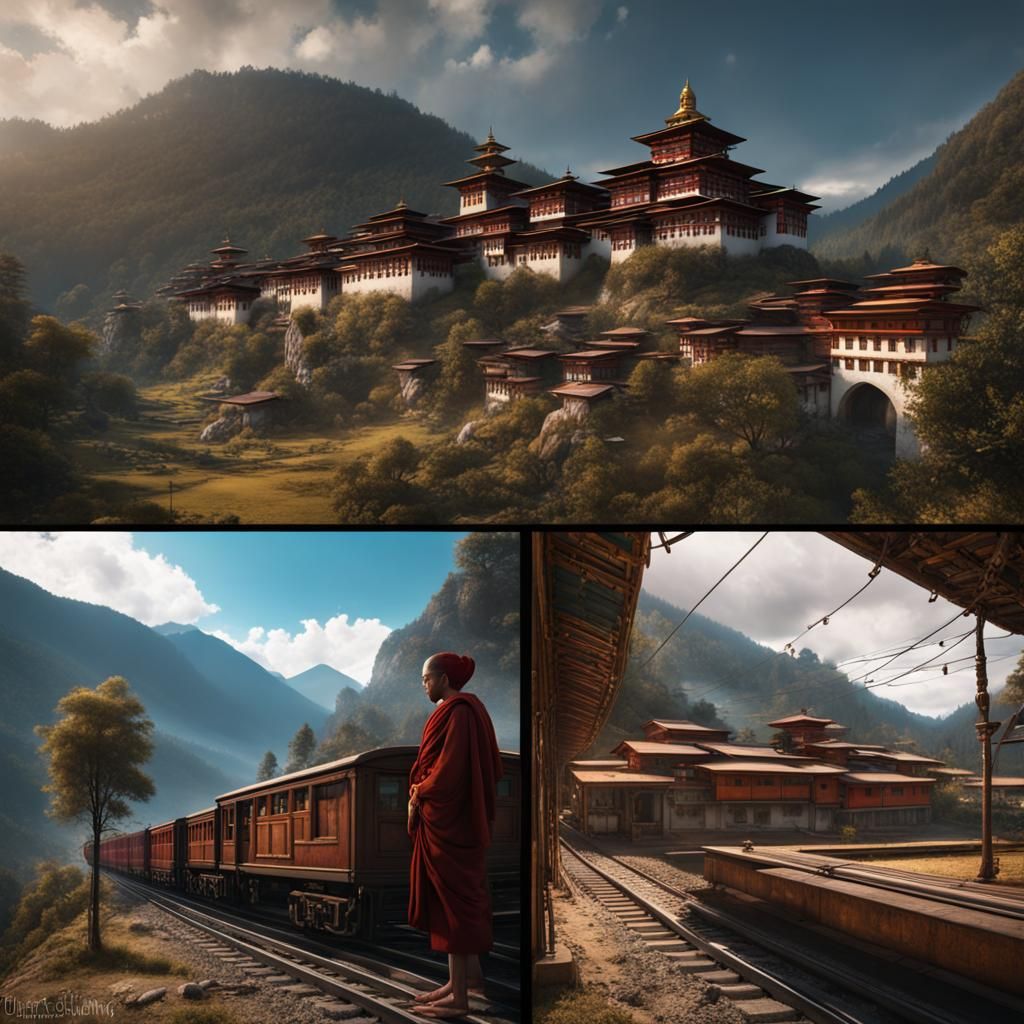 Bhutan Train Journey: Monk and Village in Detailed Painting