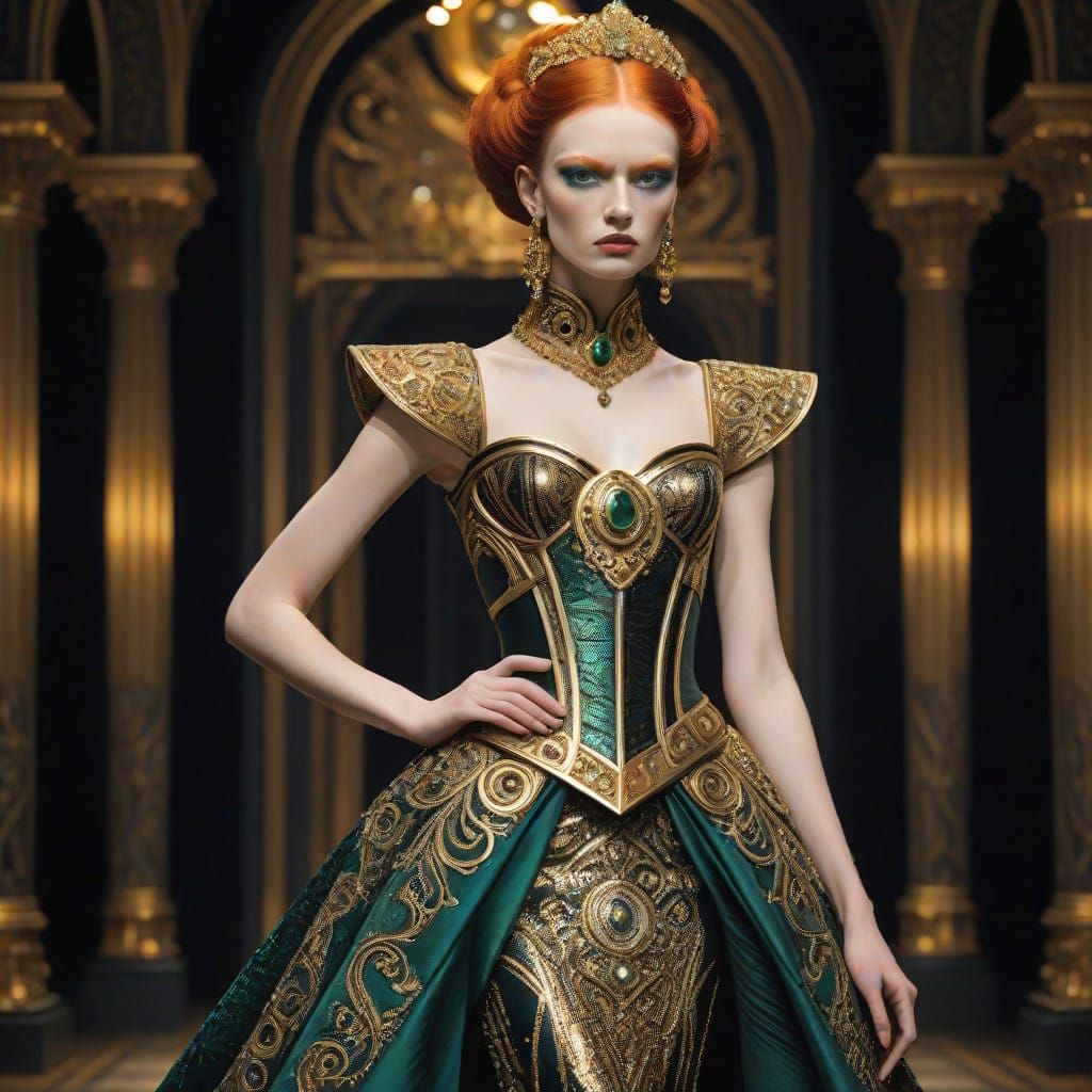 Glamorous Redhead Reigns in Opulent Black and Gold Setting