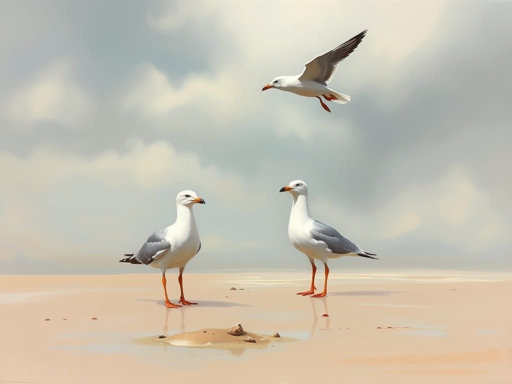Seagulls on Beach in Dreamy Mixed Media Style