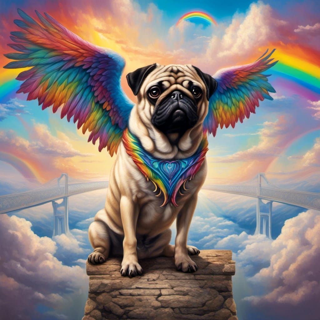 Winged Pug on Rainbow Bridge in Watercolour Style