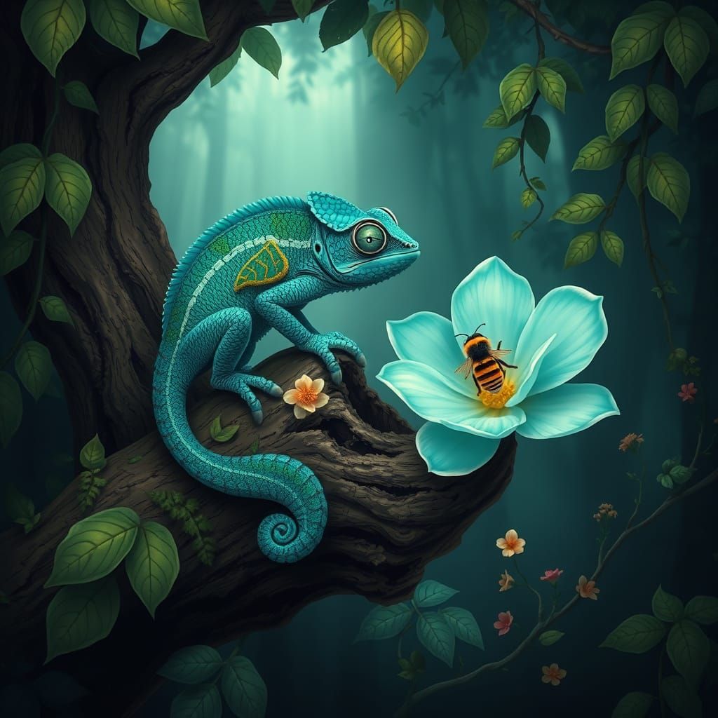 Whimsical Chameleon and Bee in Fantasy Rainforest