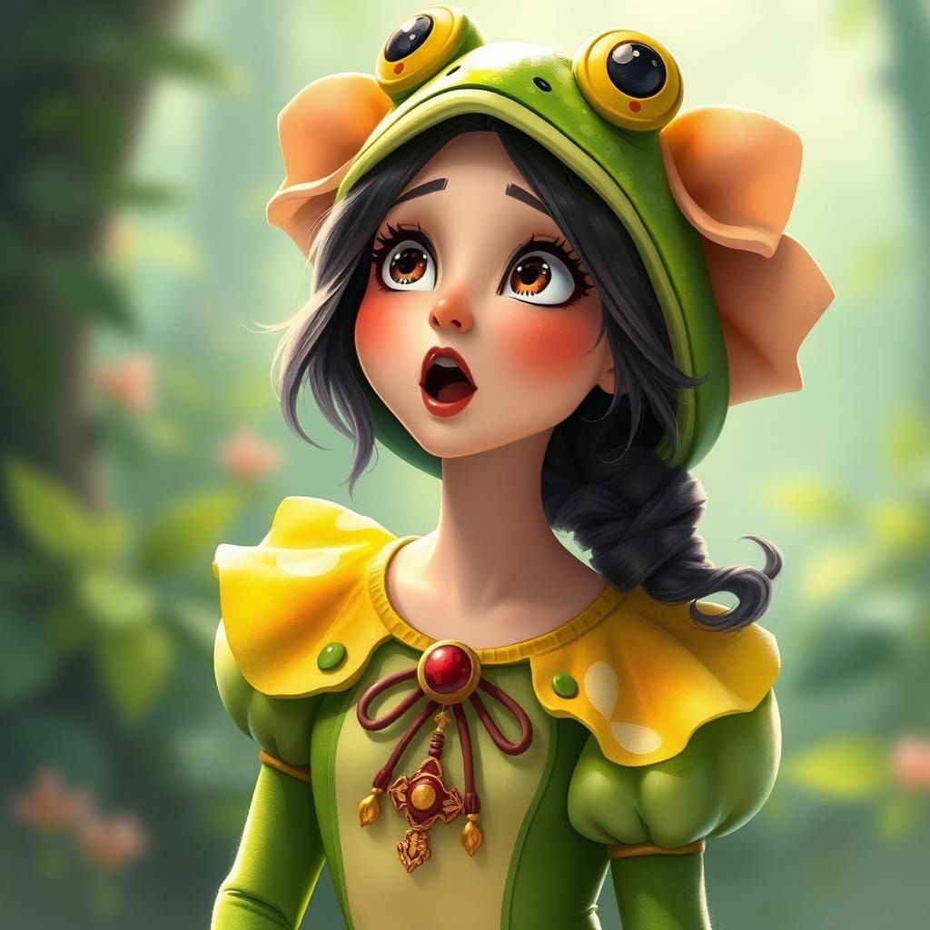 Enchanting Woman in Frog Costume, Disney Animation Style
