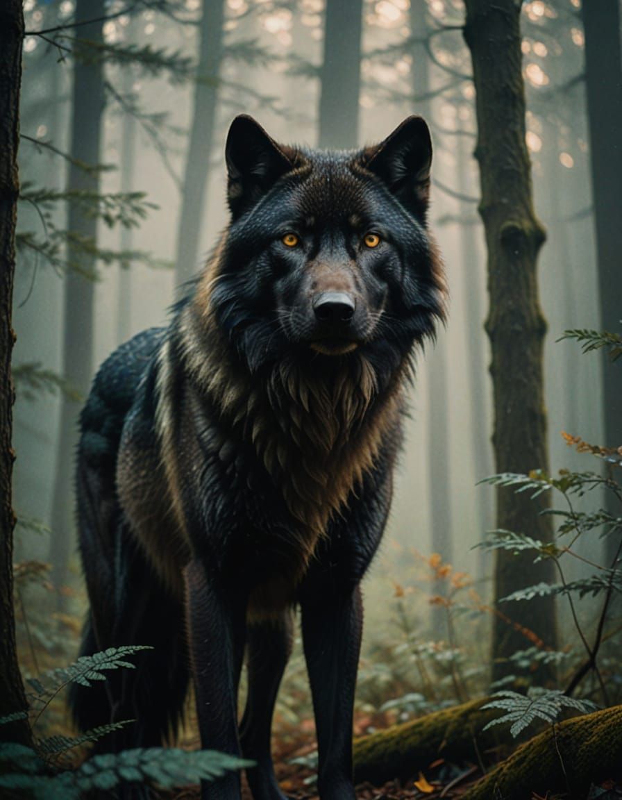 Majestic Black Wolf in Misty Forest Dawn