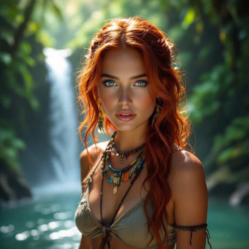 Red-Haired Woman at Jungle Waterfall