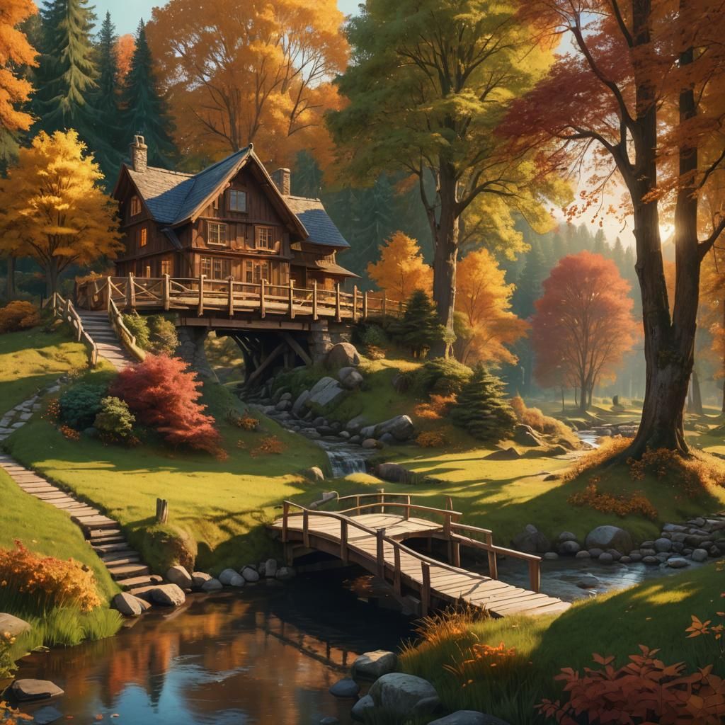 Autumn House by Stream: Fantasy Landscape Art