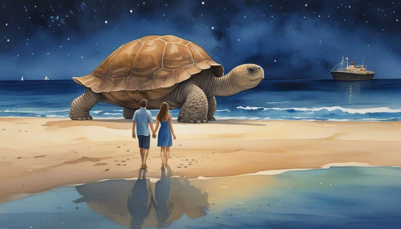 Couple Walks Beach Past Tortoise: Watercolor Night