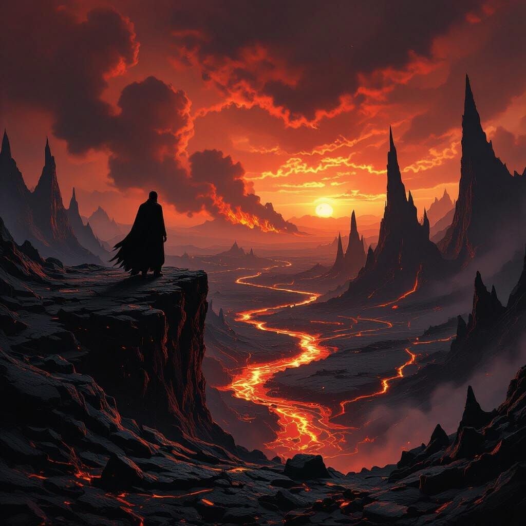 Stoic Explorer on Volcanic Precipice in Gothic Film Noir Sty...