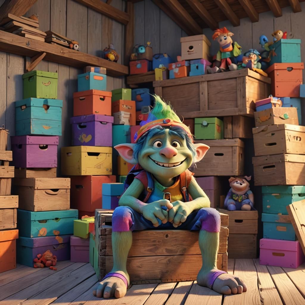 Friendly Box Troll in Attic, Pixar-Inspired 3D Render