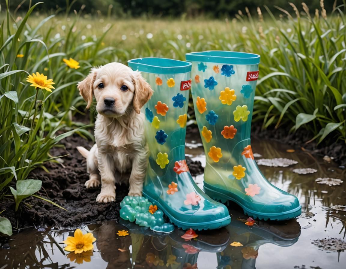 Semi-Transparent Jelly Wellies Guarded by Puppy