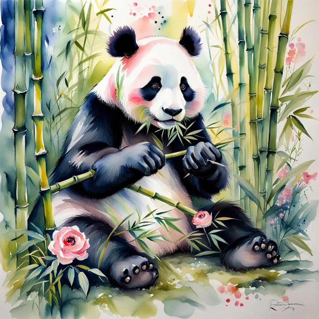 Panda Eats Bamboo in Watercolour Fantasy Style