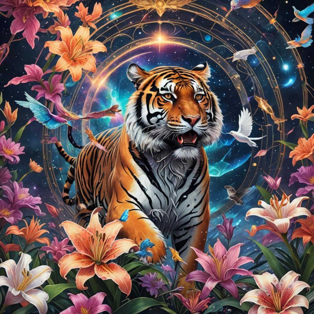 Cosmic Tiger Duel in Visionary Art Style