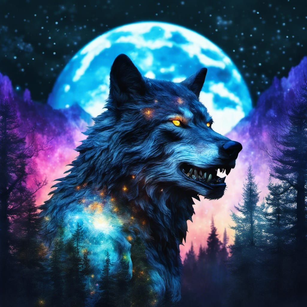 Double Exposure Werewolf in Fantasy Landscape