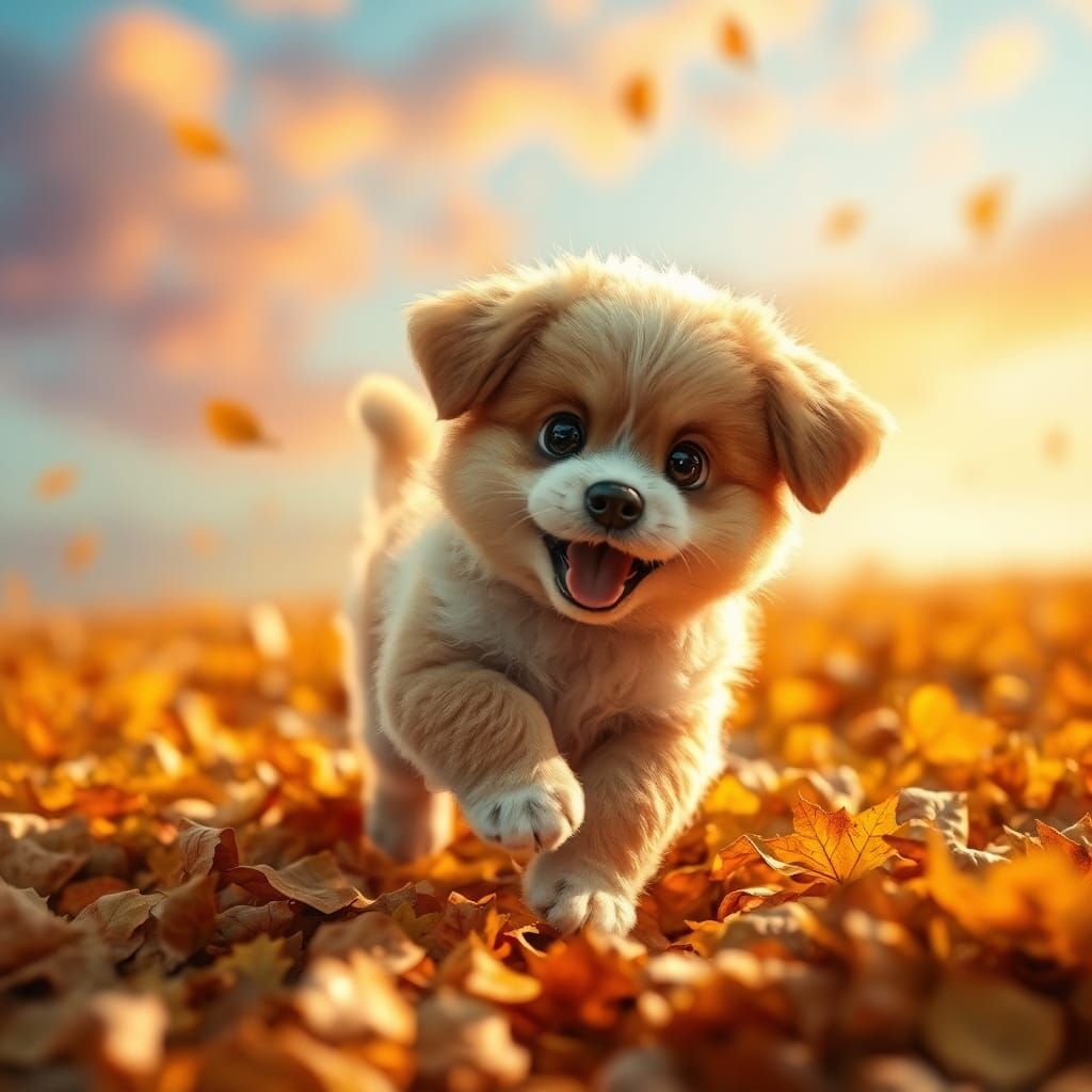 Fluffy Puppy's Autumn Frolic: 3D Digital Art