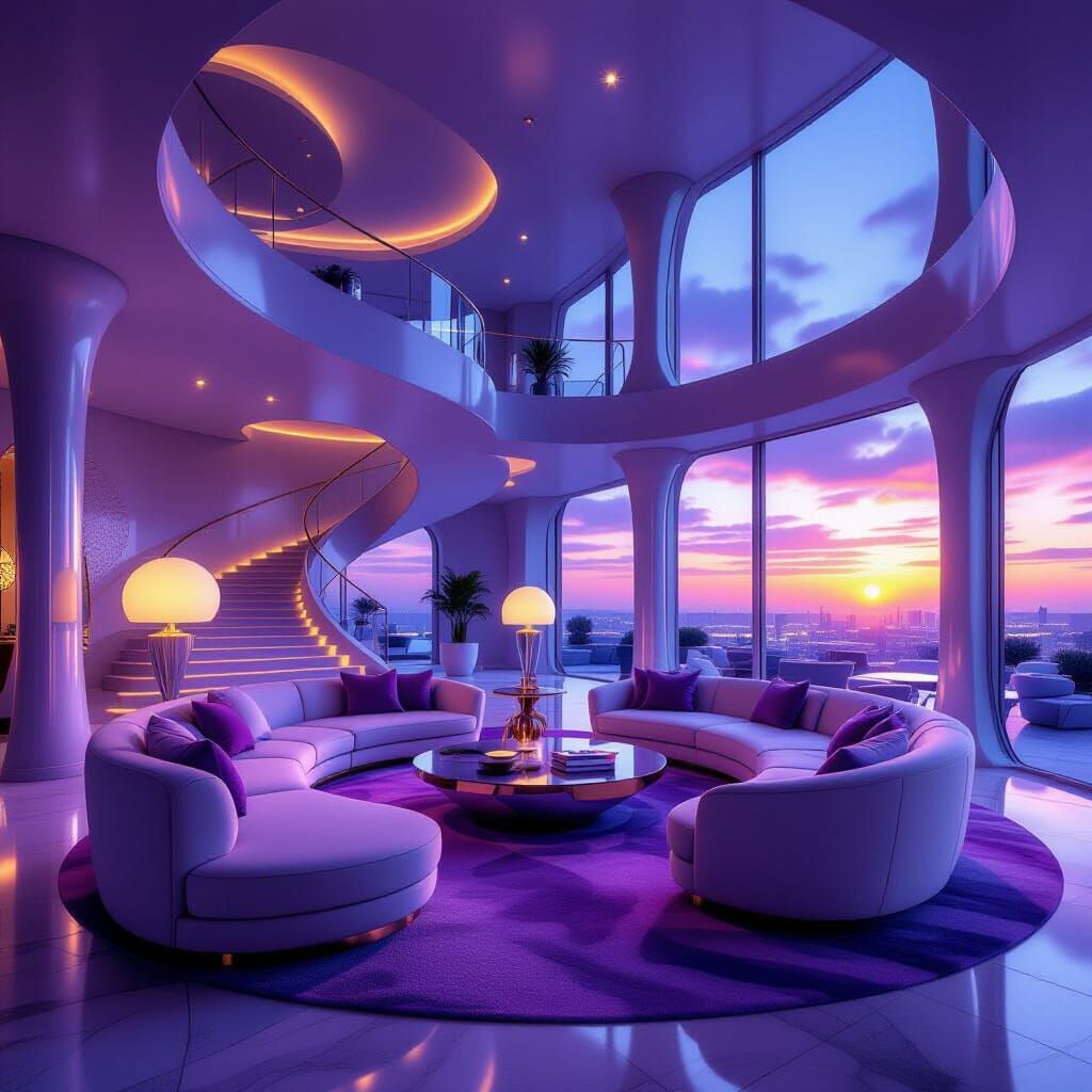 Luxurious House Interior with Sunset Glow and Modern Design