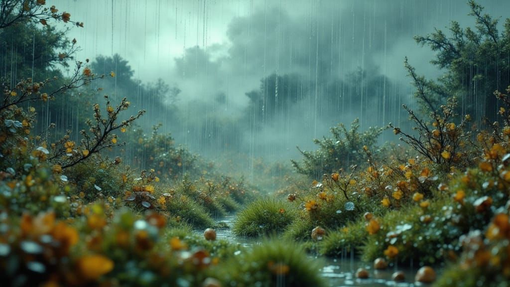 Rainy Field in Hyperrealistic Sci-Fi Surrealism
