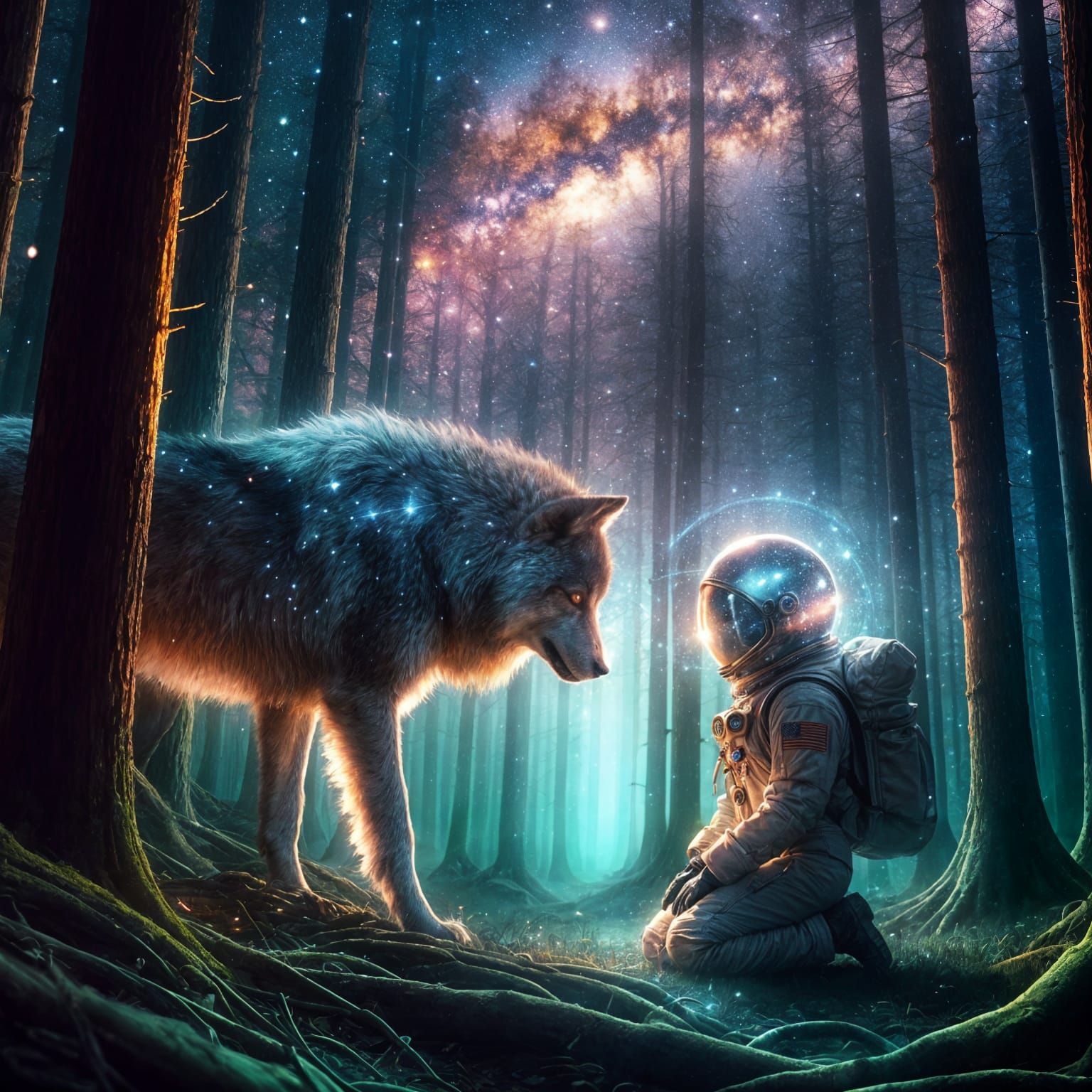 Astronaut and Wolf in Mystical Forest Fantasy