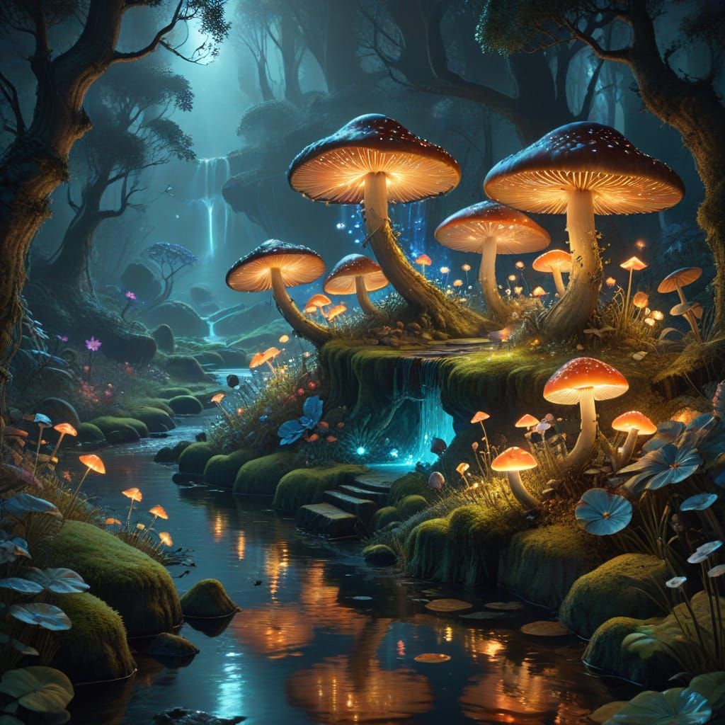 A magical, bioluminescent garden at night, where oversized, ...