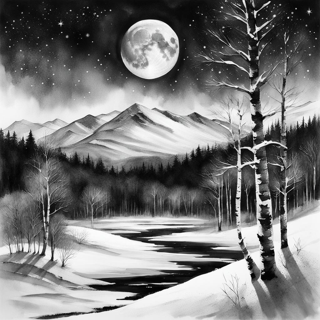 Winter Moonscape: White Mountain Forest in Watercolor