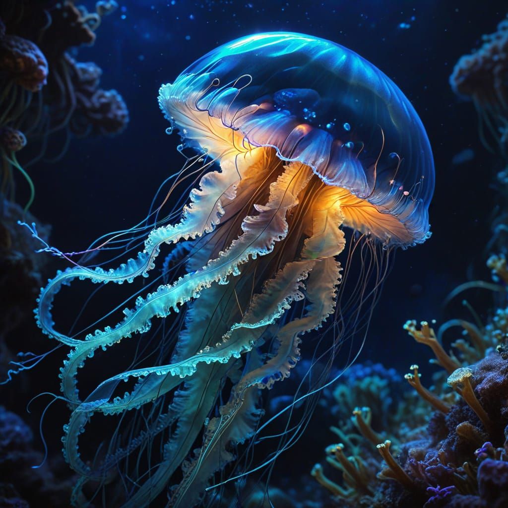 Bioluminescent Jellyfish in Art Nouveau Style