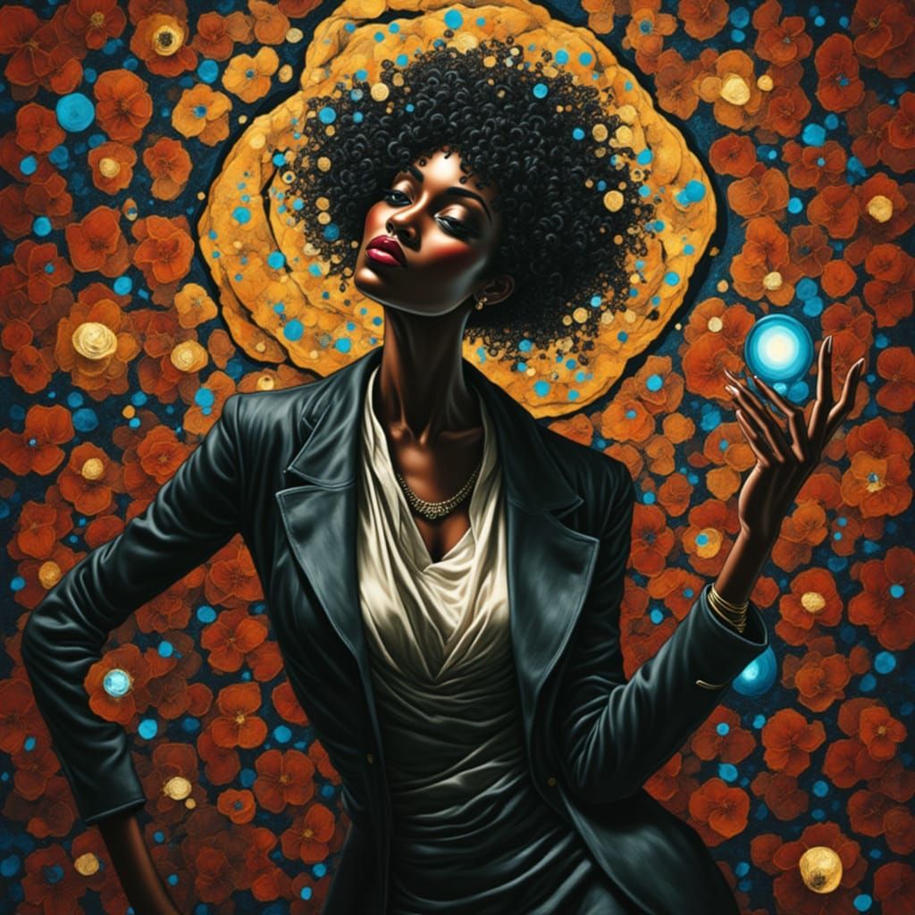 Mysterious Black Woman in Quantum Cubist Deco Style