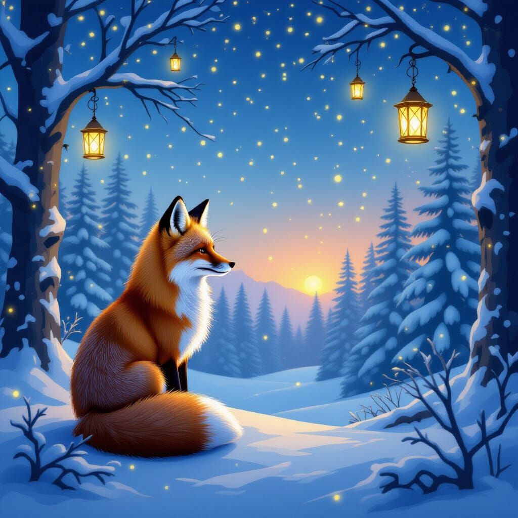 Magical Winter Fox Silhouette with Starry Sky