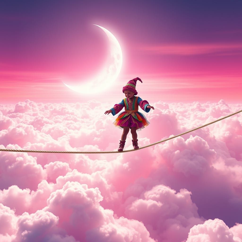 Vibrant Tightrope Walker Dances Above Dreamy Pink Clouds