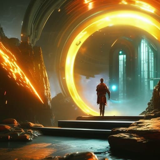 Time Traveler Steps Through Portal in Dark Fantasy Style