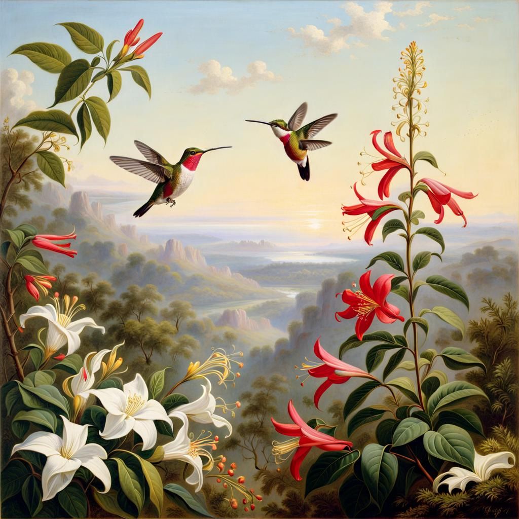 Hummingbird and Honeysuckle in Romantic Style